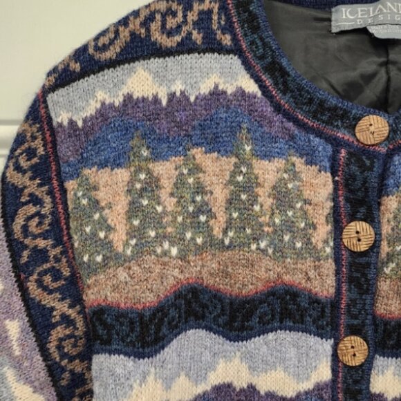 Icelandic Design Cardigan Sweater - Field with Trees & Sheep / Lambs - Small - Picture 5 of 11